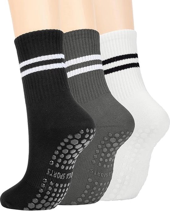 Sokken - 3 paar - Yoga Sokken - Pilates sokken - Yoga Sokken Antislip Dames - Noppen op de zool - Antislip Katoenen Sokken - Gripsokken Pilates Yogasokken - One size - voor Ballet, Dans, Workouts - zwart/wit/grijs van Toivo