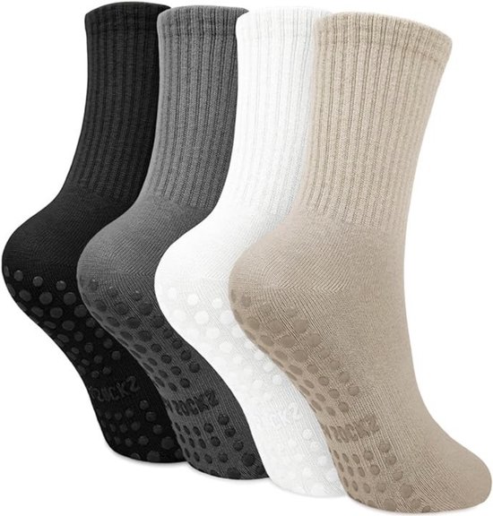 Sokken 4 Paar Antislip Grip voor Maximale Stabiliteit & Veiligheid – Yoga Pilates Sokken Ademend Katoen & Comfortabele Pasvorm – Elastische Ribboorden met Ondersteuning | Geschikt voor Yoga, Dans & Workouts van Merkloos