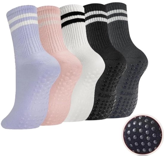 Sokken - 5 paar - Yoga Sokken - Pilates sokken - Yoga Sokken Antislip Dames - Noppen op de zool - Antislip Katoenen Sokken - Gripsokken Pilates Yogasokken - One size - voor Ballet, Dans, Workouts - 5 kleuren van Proworks