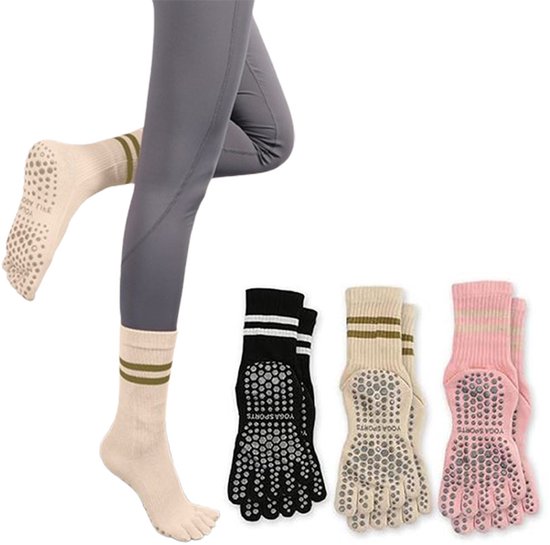 Sokken - antislip - 3 paar - Yoga Sokken - sokken dames - ademende katoenen sokken - pilates teensokken - sportsokken - met tenen - voor ballet, pilates, ziekenhuis, thuis - Beige, roze, zwart