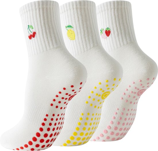Solidchoice - Non-Slip Pilates Sokken voor Dames, 3 Paar met Fruitpatronen
