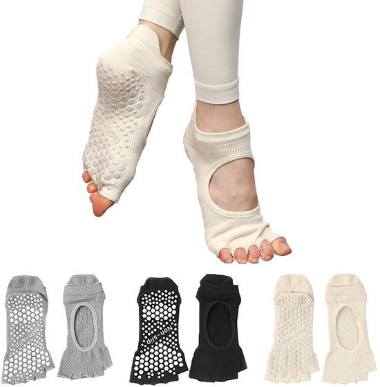 SolidKeus - 3 Paar Antislip Yoga Sokken voor Dames in Wit, Zwart en Grijs