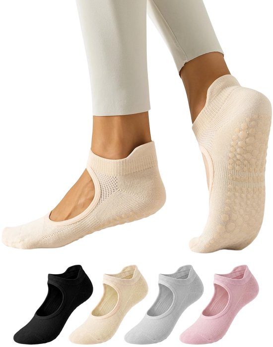 SolidKeus - 4 Paar Pilates Sokken met Handgrepen voor Dames in Diverse Kleuren