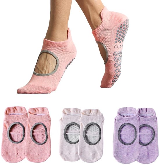 SolidKeus - Set van 3 Antislip Sokken voor Yoga en Pilates, Roze, Beige, Paars