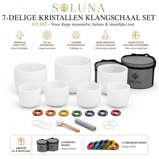 Soluna® Kristallen Klankschalen Set – 7-delig – 432 Hz Chakra Set – Premium Crystal Singing Bowls voor Meditatie, Yoga & Sound Healing 6-12 inch