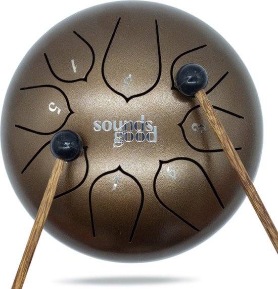 SoundsGood® Steel Tongue Drum - Handpan - 17 cm - 8 Tongen - Klankschaal incl. Beschermtas & Songbook - Steel Tongue Drum - Bruin van SoundsGood®