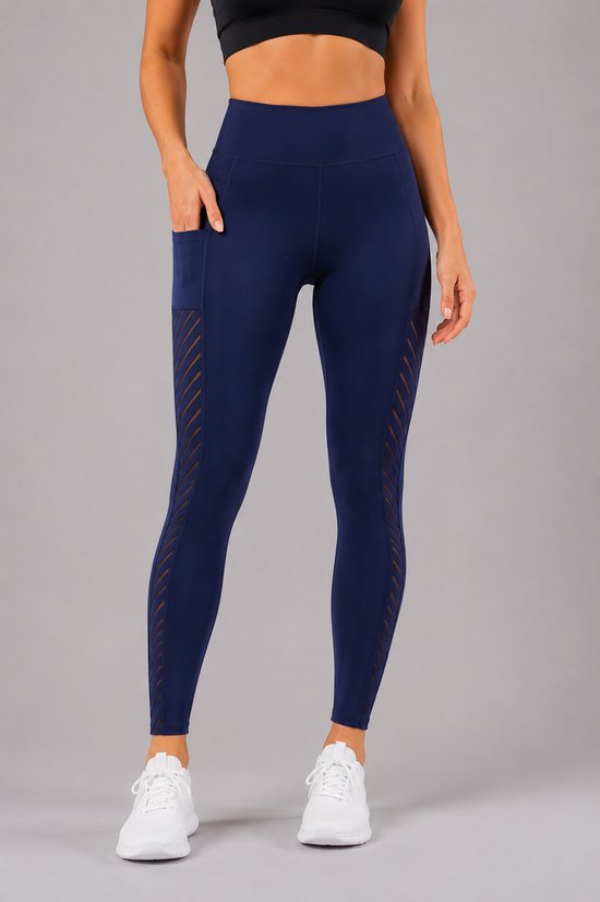 SparkNine Breathflex sportlegging dames - ademend - met zakken - L - blauw - geruite mesh panelen - met zakken - elastisch