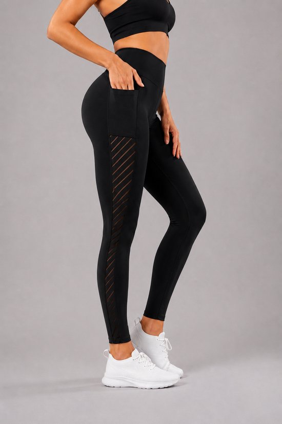 SparkNine Breathflex sportlegging dames - ademend - met zakken - L - zwart - geruite mesh panelen - met zakken - elastisch
