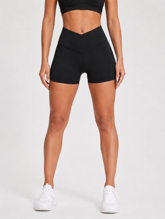 SparkNine Flexcross short dames - cross-front - stijlvolle sportshort short - L - zwart - hoge taille - buttlift - super comfortabel & stretch