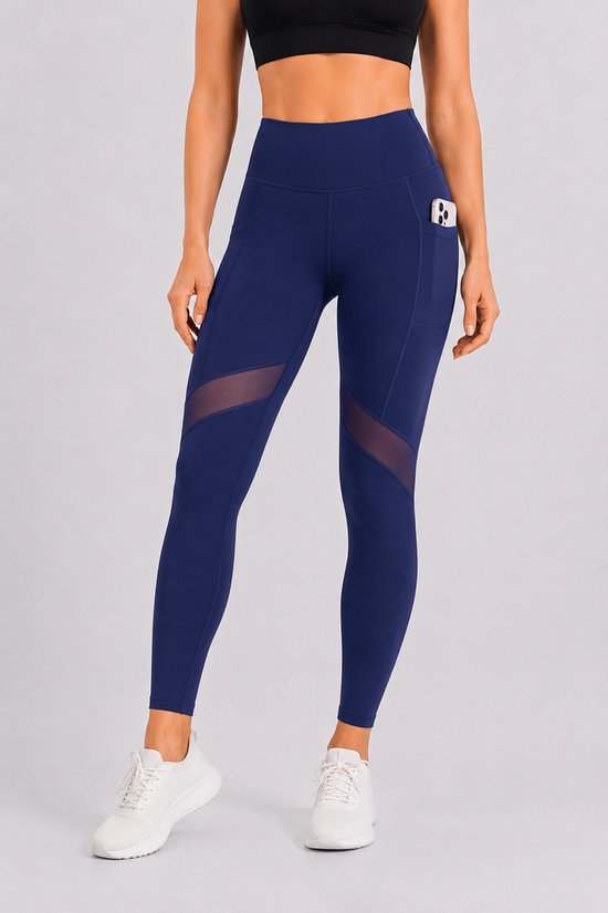 SparkNine Meshmotion sportlegging - dames - met zakken - L - blauw - stijlvolle mesh panelen - telefoon zakken - elastisch - squatproof