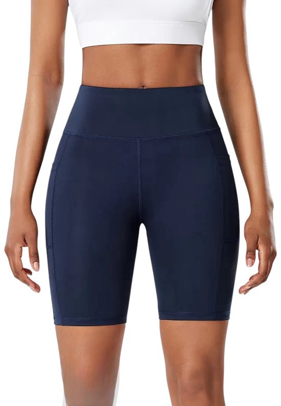 SparkNine Novashort korte sportbroek dames - fitness short - half lang - S - blauw - hoge taille - met zakken - squatproof