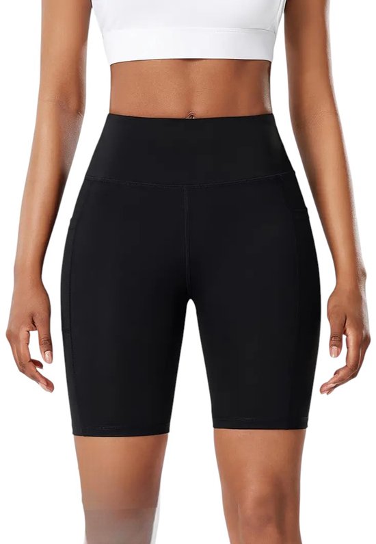 SparkNine Novashort korte sportbroek dames - fitness short - half lang - XL - zwart - hoge taille - met zakken - squatproof van Merkloos