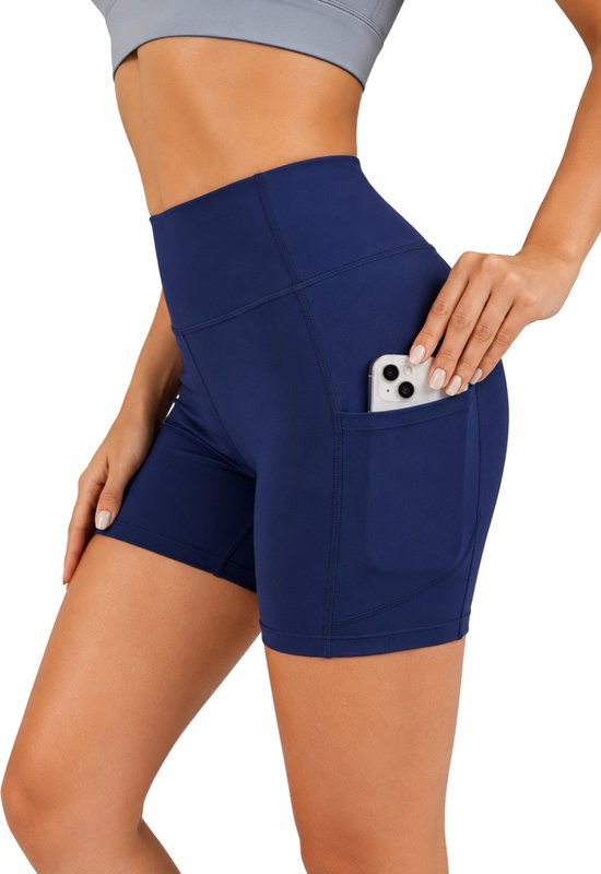 SparkNine Pace dames short - fitness - korte sportbroek - M - blauw - hoge taille - met zakken - elastisch - squatproof