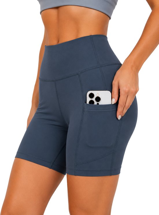 SparkNine Pace dames short - fitness - korte sportbroek - M - grijs - hoge taille - met zakken - elastisch - squatproof