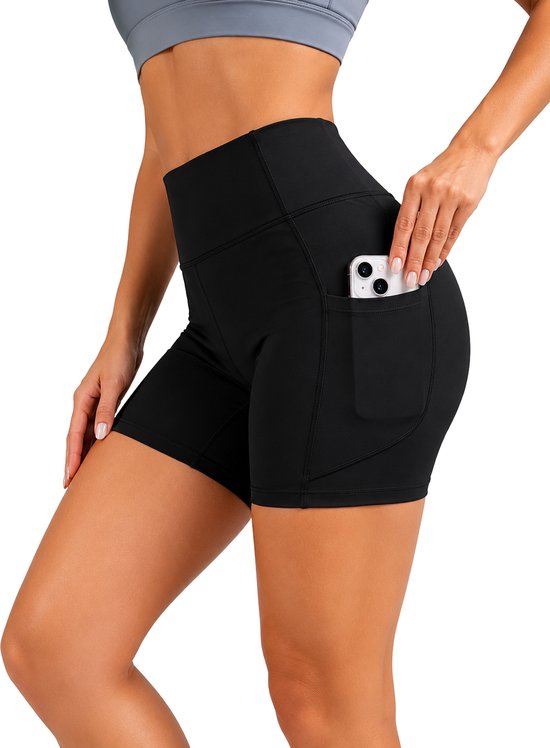 SparkNine Pace dames short - fitness - korte sportbroek - XL - zwart - hoge taille - met zakken - elastisch - squatproof