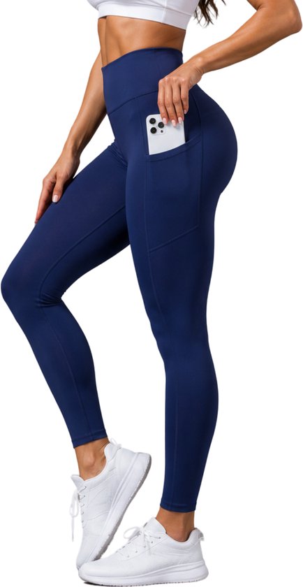 SparkNine Pacepocket dames sportlegging - met handige zakken - L - blauw - hoge taille - elastisch - squatproof - niet doorschijnend
