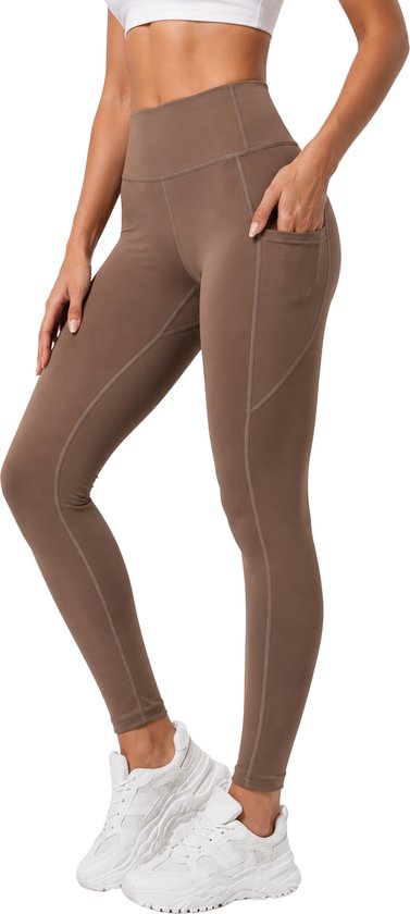 SparkNine Pacepocket dames sportlegging - met handige zakken - XL - lichtbruin - hoge taille - elastisch - squatproof - niet doorschijnend