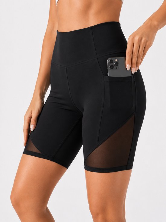 SparkNine Powermesh dames short - korte broek- fitness - stijlvolle mesh - met zakken - M - zwart - high-waist - ademend & squatproof