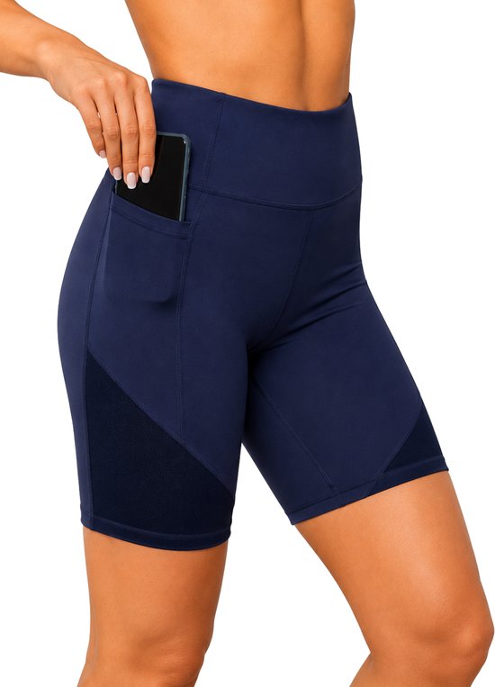 SparkNine Powermesh dames short - korte broek- fitness - stijlvolle mesh - met zakken - XL - blauw - high-waist - ademend & squatproof