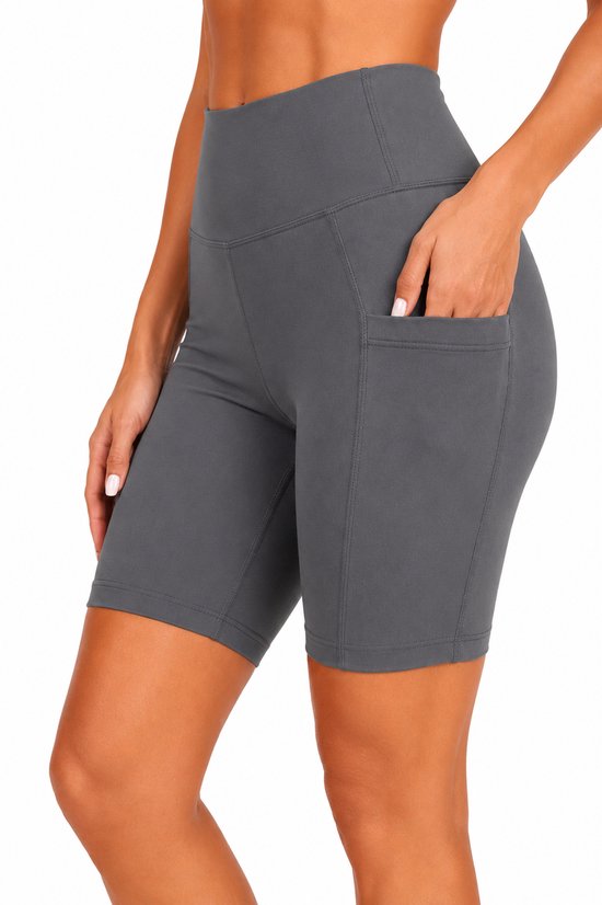 SparkNine Softflow korte sportbroek - met zakken - zachte stof - L - grijs - dames short - half lang - fietsshort