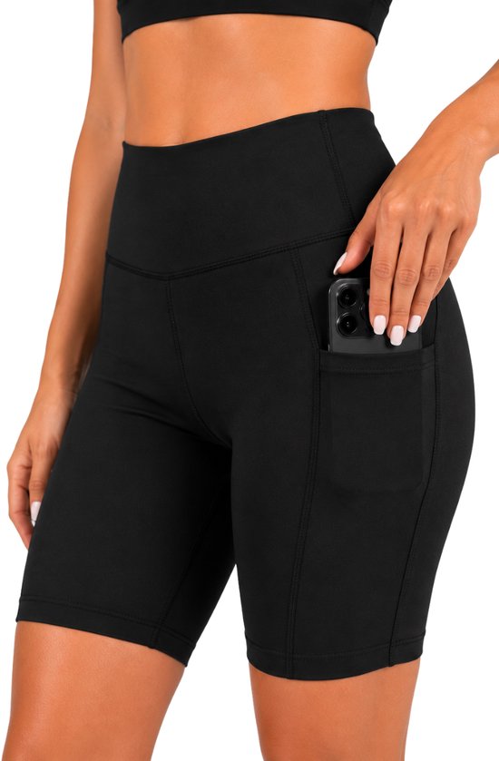 SparkNine Softflow korte sportbroek - met zakken - zachte stof - XXL - zwart - dames short - half lang - fietsshort