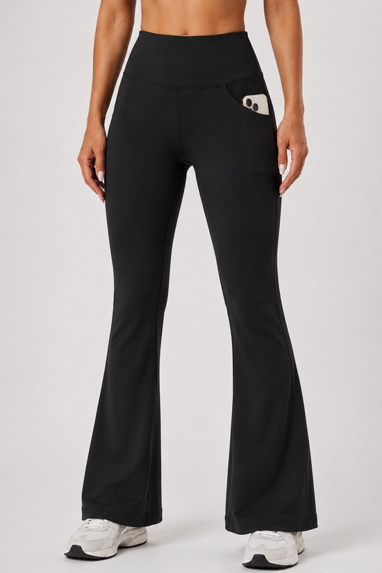 SparkNine Solara flare broek - L - zwart - hoge taille - uitlopend - voorzakken - stijlvol & comfortabel