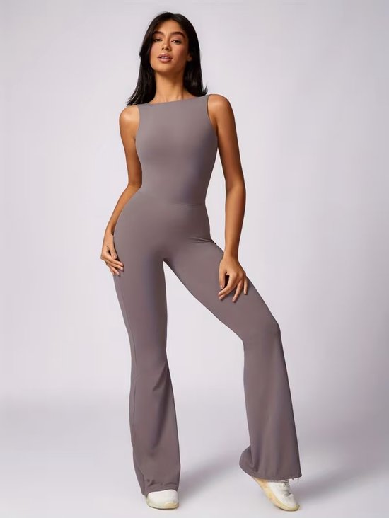 SparkNine Urbangoddes dames bodysuit - slim fit sport jumpsuit - L - beige - mouwloos & sneldrogend - hoge elasticiteit - comfortabele fitness & casual outfit