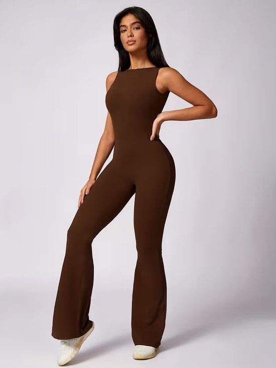 SparkNine Urbangoddes dames bodysuit - slim fit sport jumpsuit - M - chocolade bruin - mouwloos & sneldrogend - hoge elasticiteit - comfortabele fitness & casual outfit