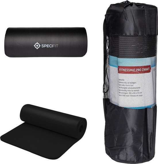 Specifit Fitnessmat Pro Zwart - Yogamat met tas en draagriem - NBR Foam 1,5 cm dik - 180 cm x 60 cm x 1,5 cm van Specifit
