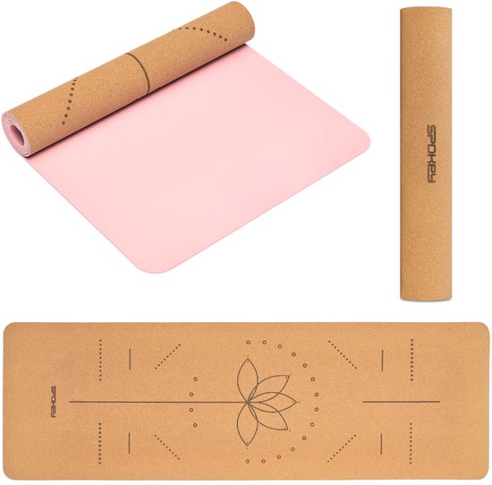 Spokey SAVASANA Yogamat - Roze / Beige - 183 x 61 x 0,4 cm - Kurk en TPE - Antibacterieel - Lichtgewicht - Met draagriem van Merkloos