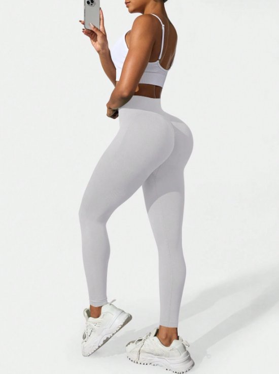 Sport Studio - Sportlegging - High Waist - Maat M - Lang - Lange Legging - Licht Grijs - Push Up - Shape - Sportbroek - Sportkleding Dames - Yoga Kleding - Hardloopbroek - Hardlopen - Sportschool - Zumba - Squat Proof - Tiktok/Instagram legging van Merkloos