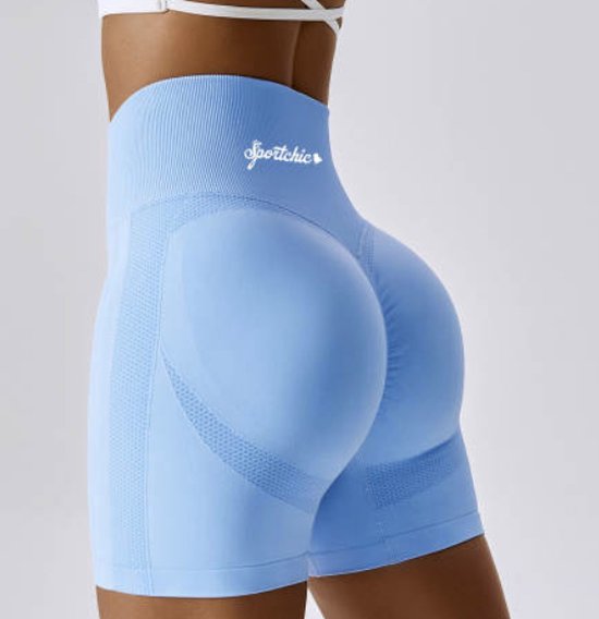 Sportchic - Short - Korte sportbroek - Korte sportlegging - Sportlegging dames - High waist – Squatproof - Hardloopbroek -Shape legging - Booty scrunch - Bikershort - Licht blauw - M van Merkloos