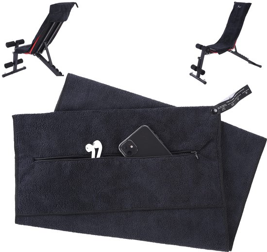 Sporthanddoek – Zwart – Fitness Handdoek met Ritsvak – Gym handdoek – Yoga handdoek – Nek Handdoek – Sneldrogende Handdoek voor Sport, Fitness & Gym – Met Opbergvak voor Telefoon & Sleutels – 50x120 cm
