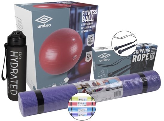 Sportief pakket - Sportpakket 4-delig - Fitnessbal 75 cm - Yogamat 173x61 cm - Springtouw & Waterfles