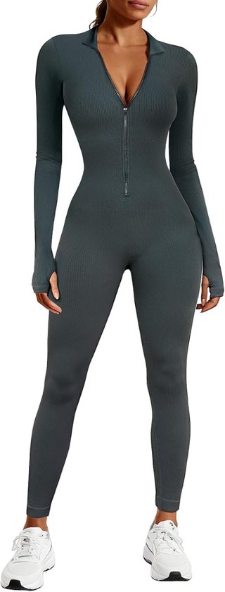 Sportieve Jumpsuit Dames Yoga Set - Nauwsluitend Gebreid Eendelig Turnpak met Lange Mouwen en Ritssluiting
