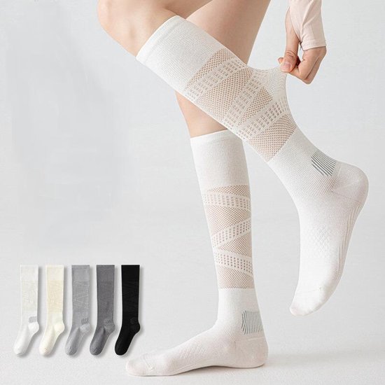 Sportkousen met compressie -Kniekousen - Dames compressiekniekousen - Yogasokken - Badmintonsokken - Ademende sokken met gaas - Ademende, dunne sportkousen van mesh voor tennis, hardlopen, fietsen en de sportschool - 2 paar - wit