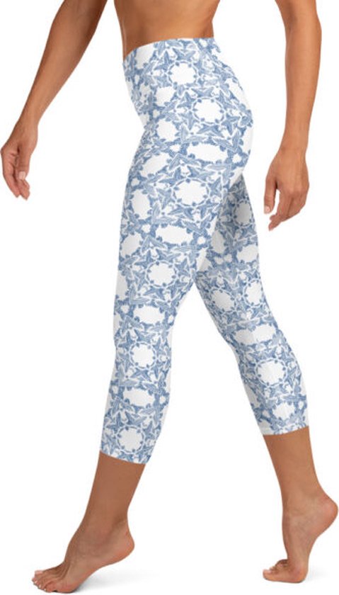 Sportlegging - Capri 3/4 - design Grace in Lace - High Waist - Dry Fit - High Performance - 4way stretch - unieke print - UPF 50+ - Hardloop - Yoga - Fitness - Dans - Pilates - Training - sportbroek - wit klassiekblauw - maat XL