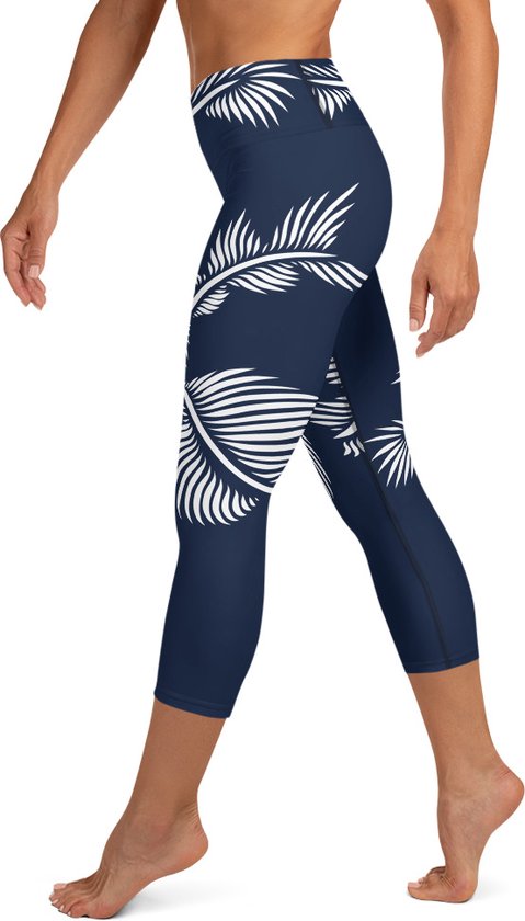 Sportlegging - Capri 3/4 - design Lines 4 Peace - High Waist - Dry Fit - High Performance - 4way stretch - unieke print - UPF 50+ - Hardloop - Yoga - Fitness - Dans  - Pilates - Training - sportbroek - marineblauw wit - dames- maat L van Carsta's Choice