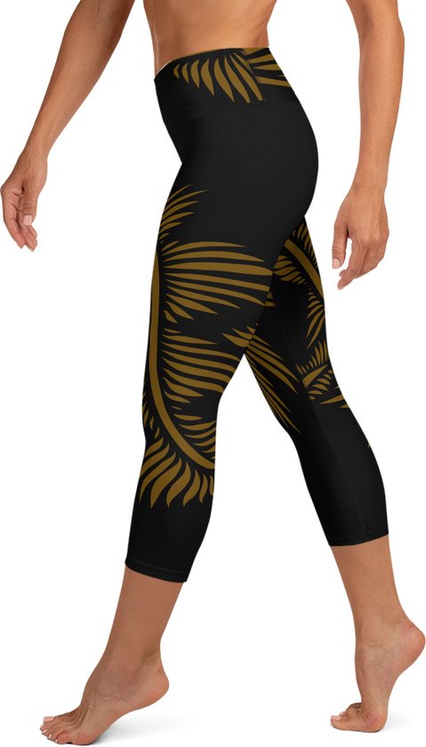 Sportlegging - Capri 3/4 - design - Lines 4 Peace - High Waist - Dry Fit - High Performance - 4way stretch - unieke print - UPF 50+ - Hardloop - Yoga - Fitness - Dans  - Pilates - Training - sportbroek - zwart hazelnoot bruin - dames - maat M van Merkloos