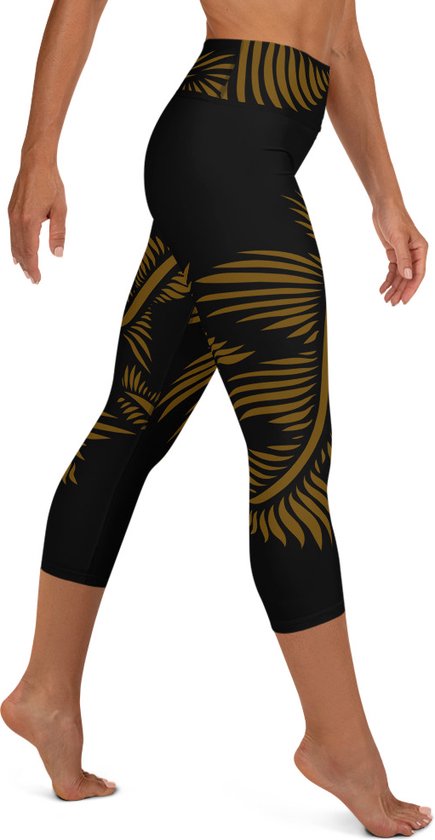 Sportlegging - Capri 3/4 - design - Lines 4 Peace - High Waist - Dry Fit - High Performance - 4way stretch - unieke print - UPF 50+ - Hardloop - Yoga - Fitness - Dans  - Pilates - Training - sportbroek - zwart hazelnoot bruin - dames - maat XL van Lines 4 Peace