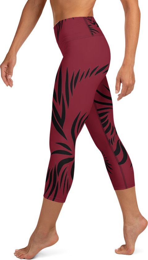 Sportlegging - Capri 3/4 - design Power Up - High Waist - Dry Fit - High Performance - 4way stretch- unieke print - UPF 50+ - Hardloop - Yoga - Fitness - Dans - Pilates - Training - sportbroek - warmrood zwart - maat XS