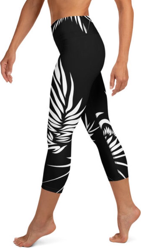 Sportlegging - Capri 3/4 - design Yin Yang Power Up - High Waist - Dry Fit - High Performance - 4way stretch - unieke print - UPF 50+ - Hardloop - Yoga - Fitness - Dans  - Pilates - Training - sportbroek – zwart wit - maat S van DEHA.