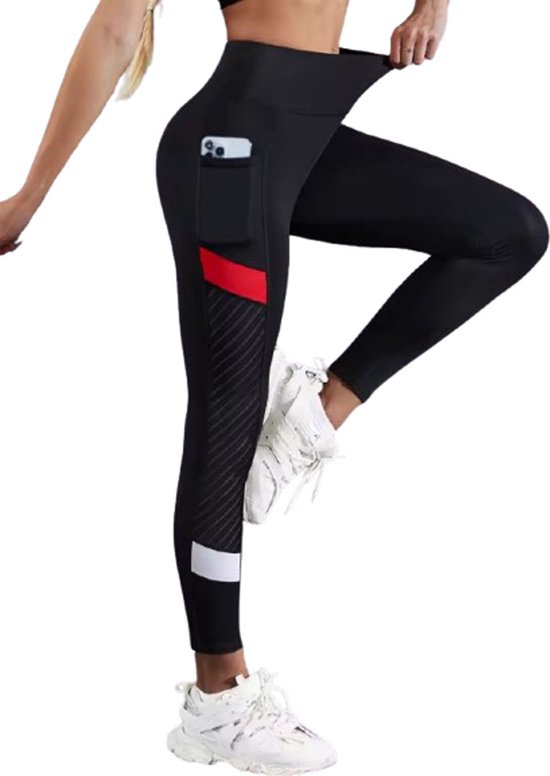 Sportlegging Dames – High Waist Fitness Legging met Zak – Zwart Rood van Merkloos