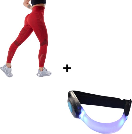 Sportlegging Dames + Verlichting - Yoga Legging - High Waist Legging - Fitness Legging - Yoga Kleding Dames - Yoga Broek Dames - Sportkleding Dames - Sportbroek Dames - Dames Legging & Shapewear Dames - Push Up Legging - Booty Legging | Rood | Maat S