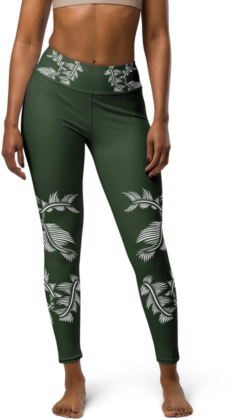 Sportlegging - design Lines 4 Peace - High Waist - Dry Fit - High Performance - 4way stretch- unieke print - UPF 50+ - Hardloop - Yoga - Fitness - Dans - Pilates - Training - sportbroek – donker groen wit- maat XL van Merkloos