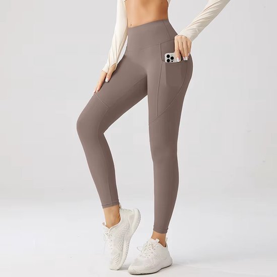 Sportlegging met zakje dames - Sportkleding dames - Sportbroek dames - High waist Sportlegging - Shape legging - Hardloopbroek dames - yoga legging dames - Bruin Maat L - Gym Revolution