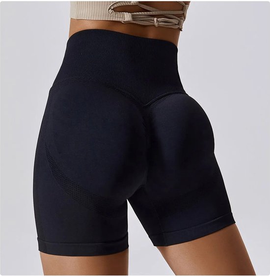 Sportlegging / Sport Short - Maat: M - Kleur: Zwart - Met Butt Scrunch - Extra Mooie Billen - Hoge Taille - Luxe Korte Sportlegging - Cycling Shorts - Billen Legging - Dames Gymwear / Vrouwen Sportkleding / Sport Outfit / Fitness van Merkloos
