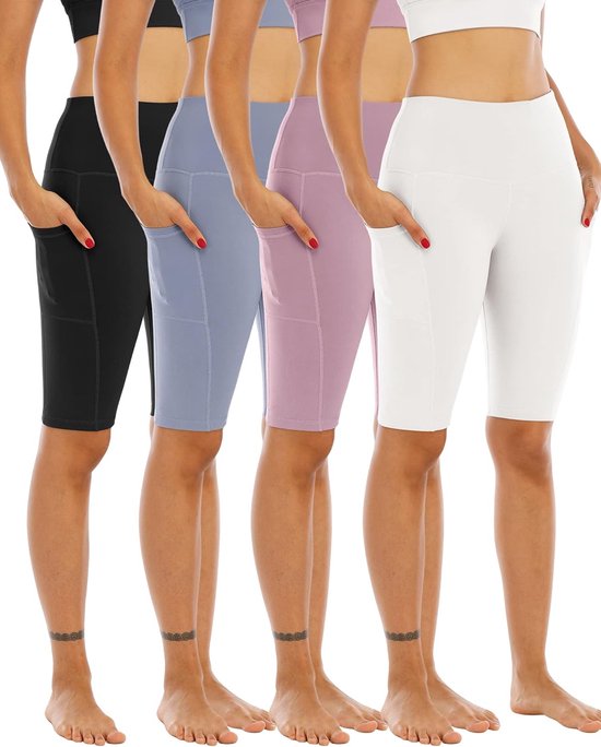 Sportshorts Dames - Atletische Broekjes - Fitness Yoga - Met Handige Zakken - Hoge Taille - 4-Pack