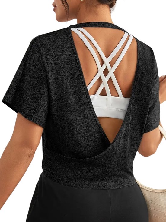 Sporttop met Open Rug - Losse Pasvorm - Korte Mouwen - Comfortabel - Stijlvol - Luchtig - Yoga & Training - Fitness Top - Zwart - Maat XL van Agnite