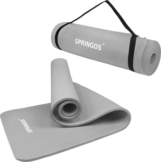 Springos Yoga Mat - Fitnessmat - Premium Kwaliteit - Anti Slip - Extra Dik (15 mm) - 61 x 183 x 1.5 cm - Lichtgrijs van Springos